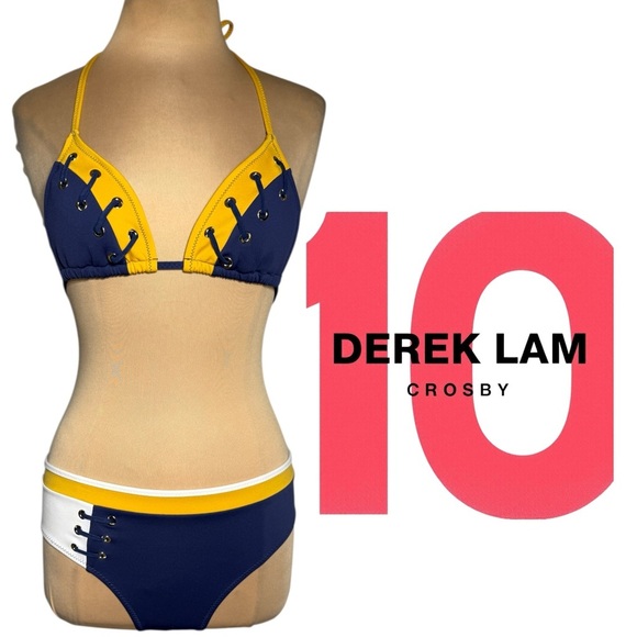 10 Crosby Derek Lam blue gold white retro color block bikini lace up Size M - Picture 5 of 7